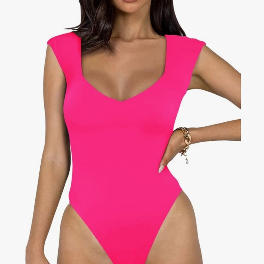 ReoRia Pink Scoop Neck High Cut Bodysuit